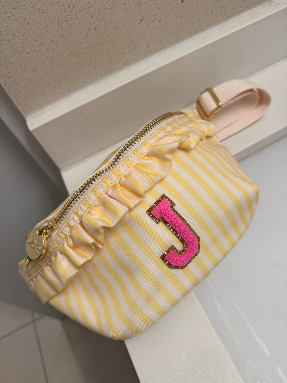Stoney Clover Lane Yellow and White Striped Ruffle Belt Bag with Pink 'J' Patch